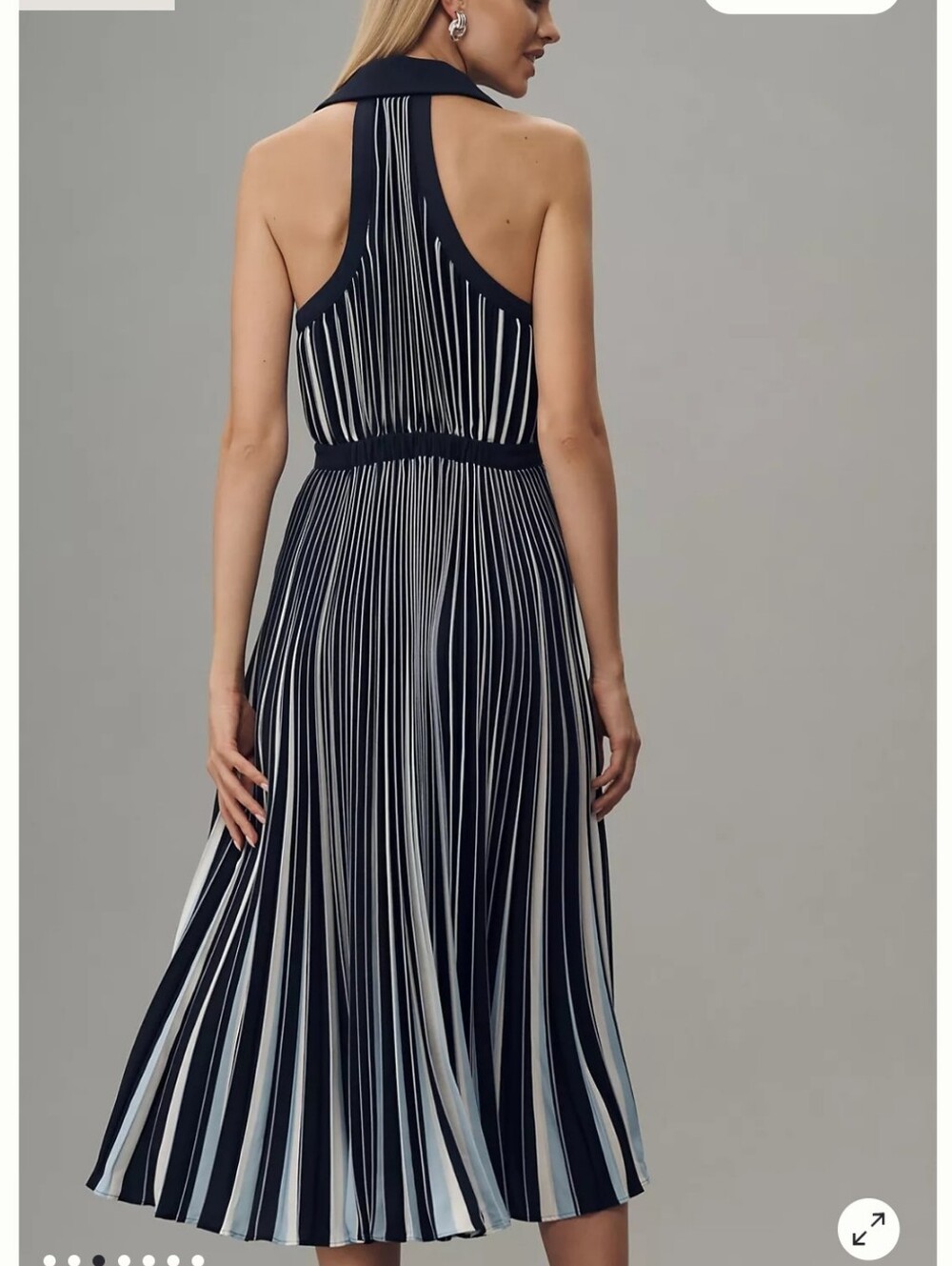 Anthropologie Halter Pleated Navy and White Striped Midi Dress Sailor Nautical - Picture 2 of 16